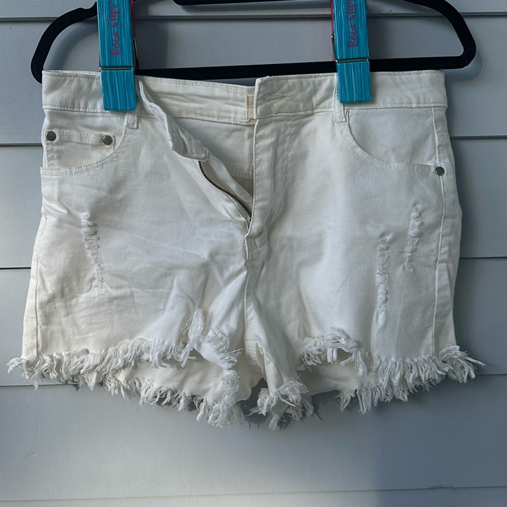 Ellison White Distressed Frayed Hem Denim Shorts